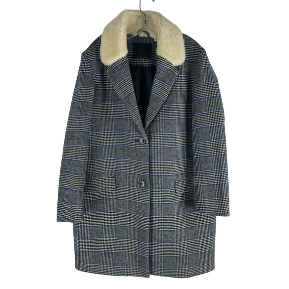 Levi's Amaya Wool Blend Houndstooth Plaid Coat Faux Fur Gray Blue Size L - Picture 1 of 10